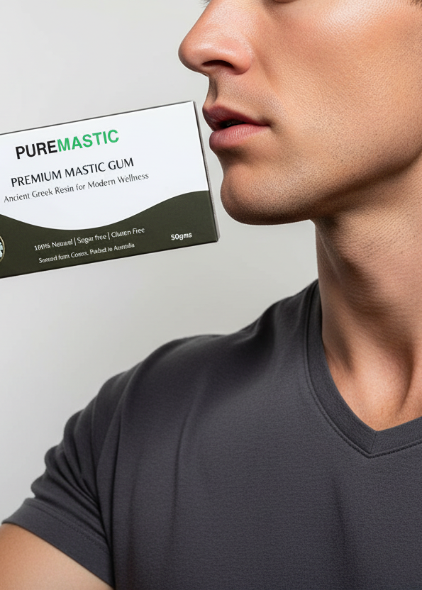 Model with sharp jawline holding PureMastic product